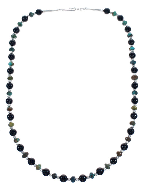 Navajo Sterling Silver Onyx And Turquoise Bead Jewelry Necklace JX123387